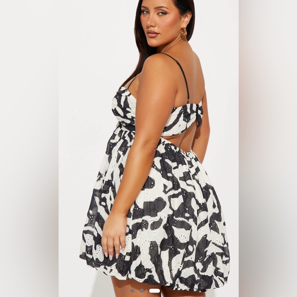 Black and White Eyelet Bubble Mini Dress - Picture 3 of 6